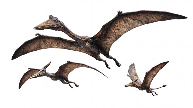 Realistic prehistoric flying pterodactyl dinosaurs flock flying isolated on white background.