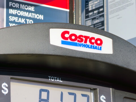 Calgary, AB, Canada. September 29, 2026. Close-up of Costco fuel pump digital meter showing total cost and litres in daylight.