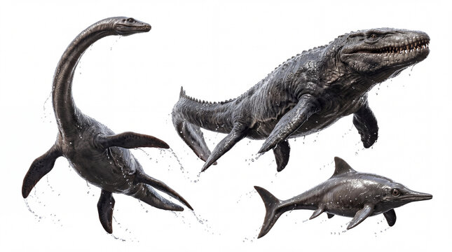 Realistic prehistoric marine reptiles set including Mosasaurus Plesiosaurus and Ichthyosaurus isolated on white background.