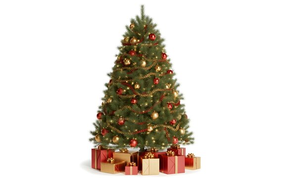 Decorated christmas tree with red and gold ornaments and wrapped gift boxes on white background