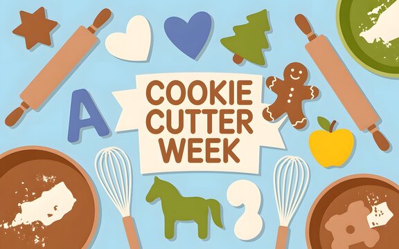 Flat lay of baking tools and cookie cutters for a cookie cutter week event theme