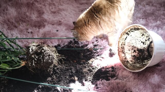 Mischievous and curious cat, playful pet knocked over a flower pot, spilling soil onto beautiful fluffy rug. Cute, relatable moment of mischief and chaos. Domestic scene with a humorous &ldquo;oops&rdquo; moment 