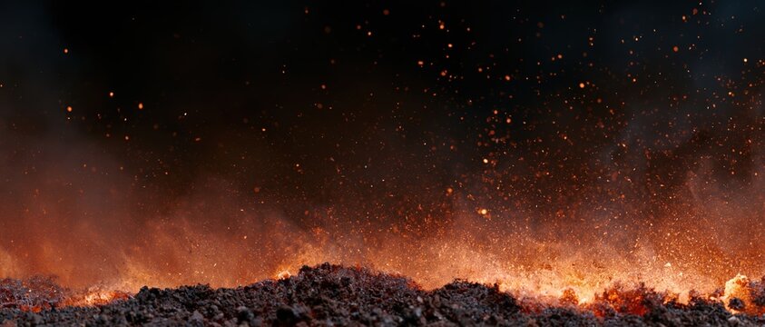 Fire flames erupting upward from burning ground at night