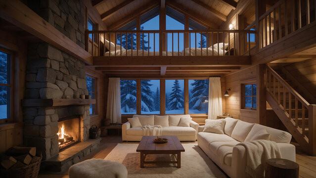 Two-level winter cabin interior with mezzanine and fireplace