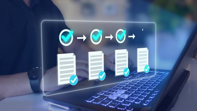Digital task management interface with completed checklist items and verification marks. organization, productivity, project tracking and operational success.