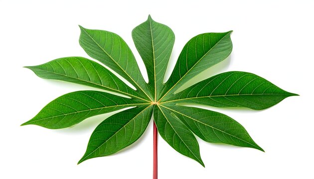 Fresh green cassava leaf isolated on white background macro studio photography with red stem