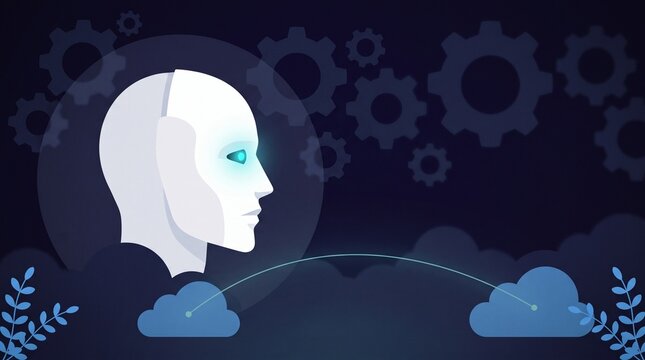 ArtiTitle:
AI Search. Futuristic AI Robot Head with Cloud Computing and Gear Network Concept Illustraficial intelligence head profile graphic glowing in front of gear wheels against a dark background.