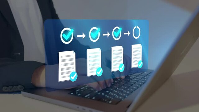 Digital task management interface with completed checklist items and verification marks. organization, productivity, project tracking and operational success.