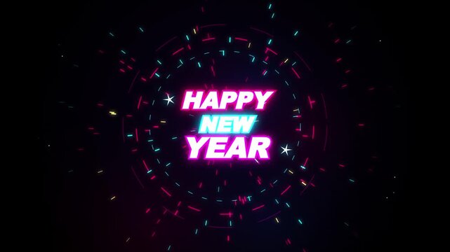 Happy new year neon text glowing with cyber dash energy circles and particles in dark background motion video.