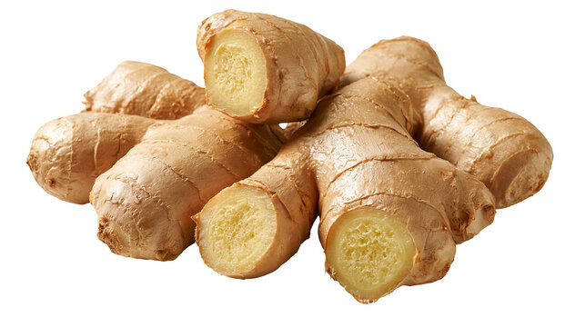 Fresh raw ginger root pieces with cut cross sections showing fibrous texture