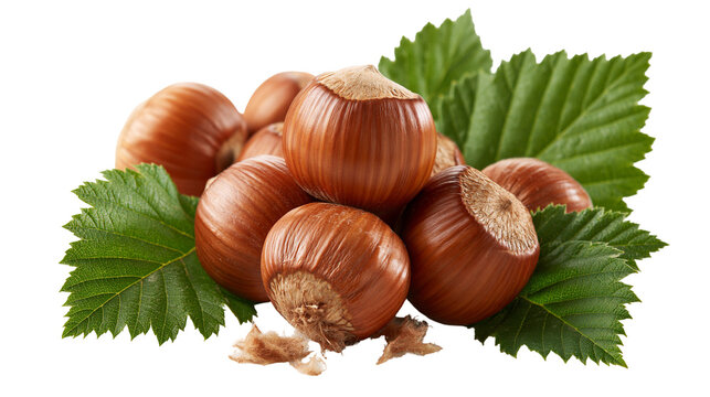Fresh brown hazelnuts with green serrated leaves