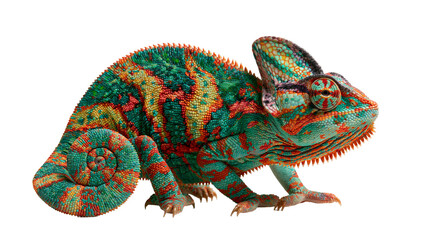 Vibrant multicolored veiled chameleon with textured scales and curled tail © Otillie