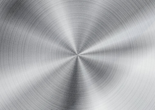 Silver metallic circle with grainy grunge texture, radial lines and brushed surface detail. Industrial abstract vector background with a polished steel effect