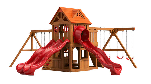 Wooden backyard playground set with red plastic slides and swing set attachments
