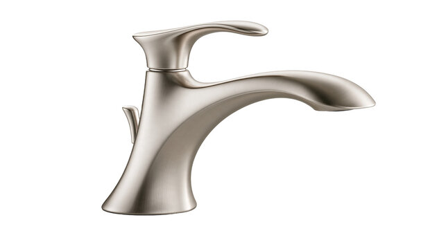 Brushed nickel bathroom sink faucet with single handle lever and curved spout