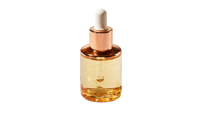 Glass dropper bottle with gold serum and metallic rose gold cap