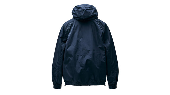 Dark navy blue hooded windbreaker jacket with long sleeves and elastic hem