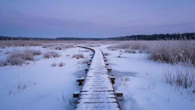 Snowy wooden boardwalk across frozen marsh at dusk