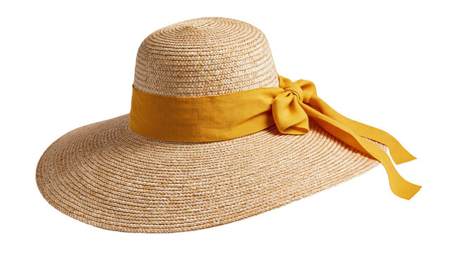 Wide brim straw sun hat with a decorative yellow fabric ribbon bow