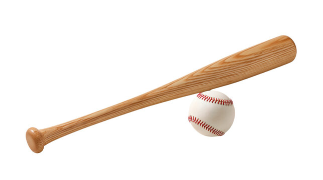 Wooden baseball bat resting on a white leather baseball with red stitching