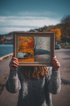 old picture frame, with the left side showing autumn and right side springtime