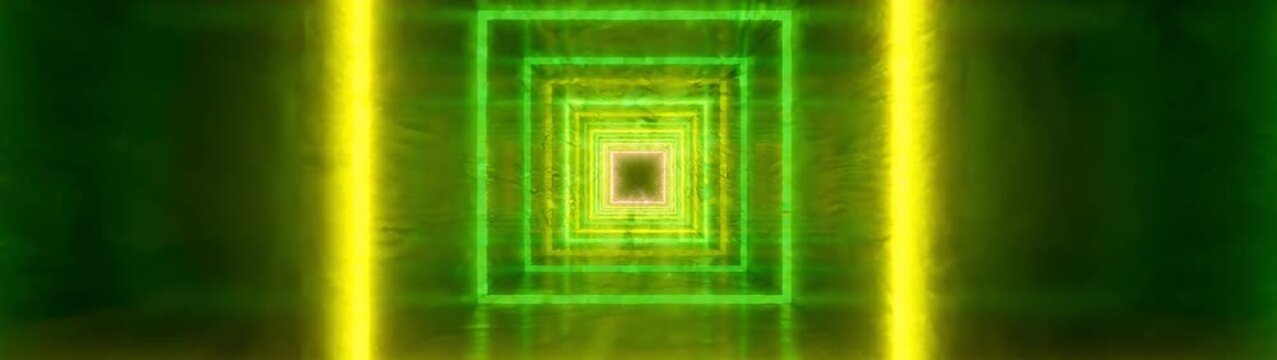 Cyberpunk digital tunnel with glowing neon square frames futuristic technology and virtual reality concept motion through a yellow and green light corridor.