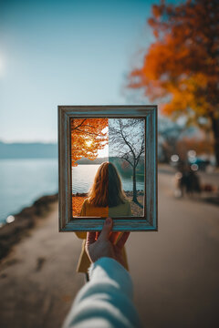 old picture frame, with the left side showing autumn and right side springtime