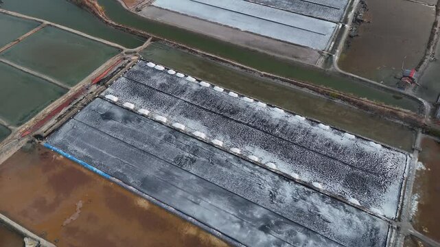 Aerial view of salt evaporation ponds with rows of harvested white salt mounds