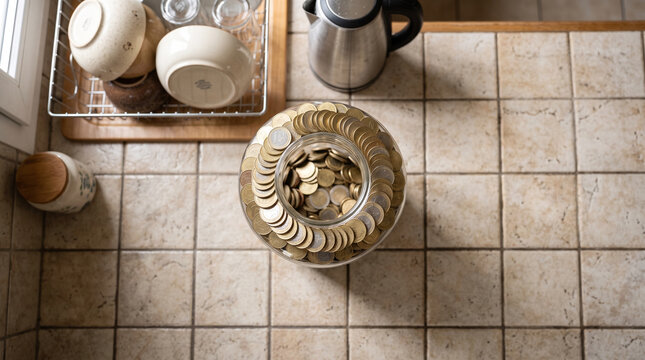 Jar of spare change on kitchen counter