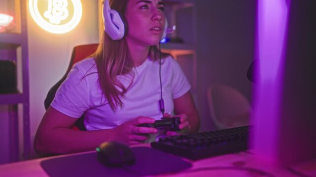 Woman holds a game controller with hands on buttons, headset worn and focused expression while playing at a studio desk; concentration.