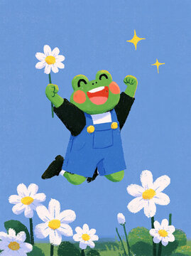 Happy Frog with Daisy - Cute Whimsical Animal Illustration - Cheerful green frog jumping among white daisies on a blue background for posters, nursery art, cards, stickers, and kids designs