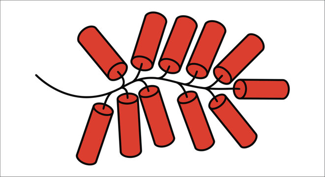 Red dynamite sticks tied together with a fuse vector illustration explosives detonator nitro blasting graphic design cartoon flat simple hazard danger risk combustible pyrotechnics ignition
