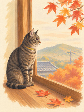 Tabby cat sitting on a window sill looking at red maple leaves and autumn hills watercolor illustration