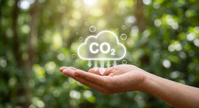 A person holds a digital carbon dioxide icon above their palm against a green forest background with representing emission reduction downward arrows