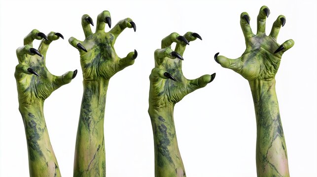 Four green monster hands with long black claws reaching upward against white background