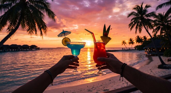 Two people holding colorful tropical cocktails while toasting during a vibrant sunset at the beach with cocktails against scenic trees water bungalows