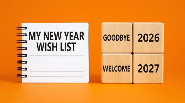 A notebook with the text my new year wish list next to wooden blocks displaying goodbye 2026 and welcome 2027 on a bright orange background