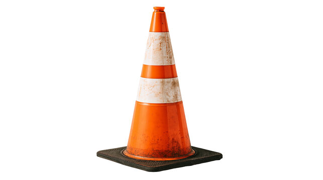 Weathered orange and white traffic safety cone with black square base
