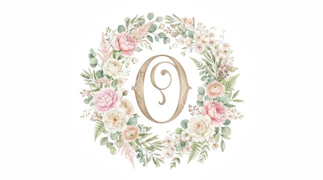 Floral wreath with initial O in center during soft daylight isolated on transparent background