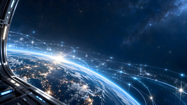 Orbital View of Earth with Futuristic Quantum Data Transmission