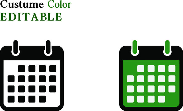 Editable calendar icon set with custom black and green color options for scheduling, planning, appointments, events, reminders, business, and modern UI design.