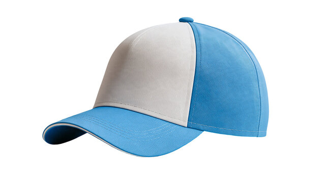 Blue and white baseball cap with curved brim and fabric texture