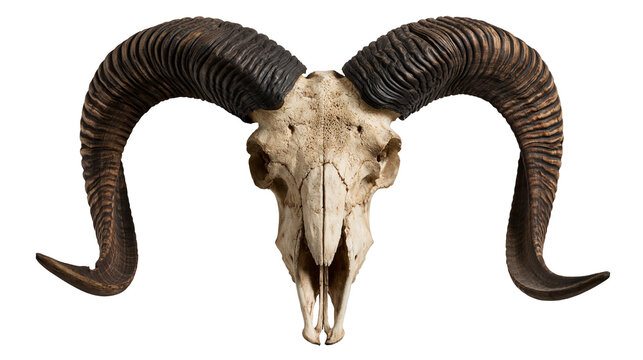 Bleached ram skull with large curved dark brown textured horns