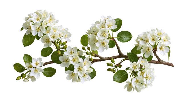 Blooming pear tree branch with white flowers and green leaves