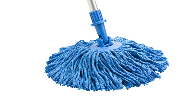 Blue cotton string mop head with plastic connector and metal handle