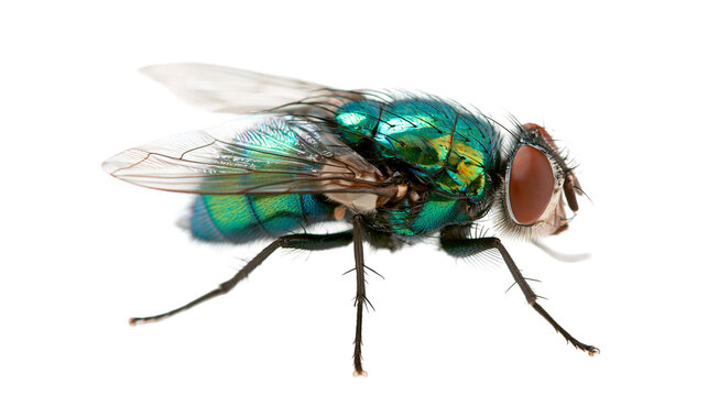 Metallic green bottle fly with iridescent wings and red compound eyes