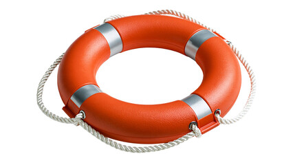 Bright orange lifebuoy ring with reflective silver strips and white grab rope © Cressida