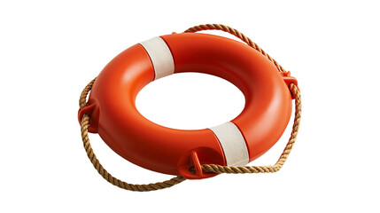 Bright orange lifebuoy ring with white straps and textured brown rope © Cressida