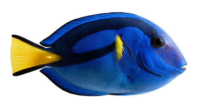 Vibrant blue regal tang fish with yellow tail and black markings