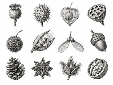 Vintage seed and seed pod collection with poppy capsule, lotus pod, maple seeds, acorn, pine cone and walnut. Detailed black and white botanical illustrations in engraved style, isolated on white
